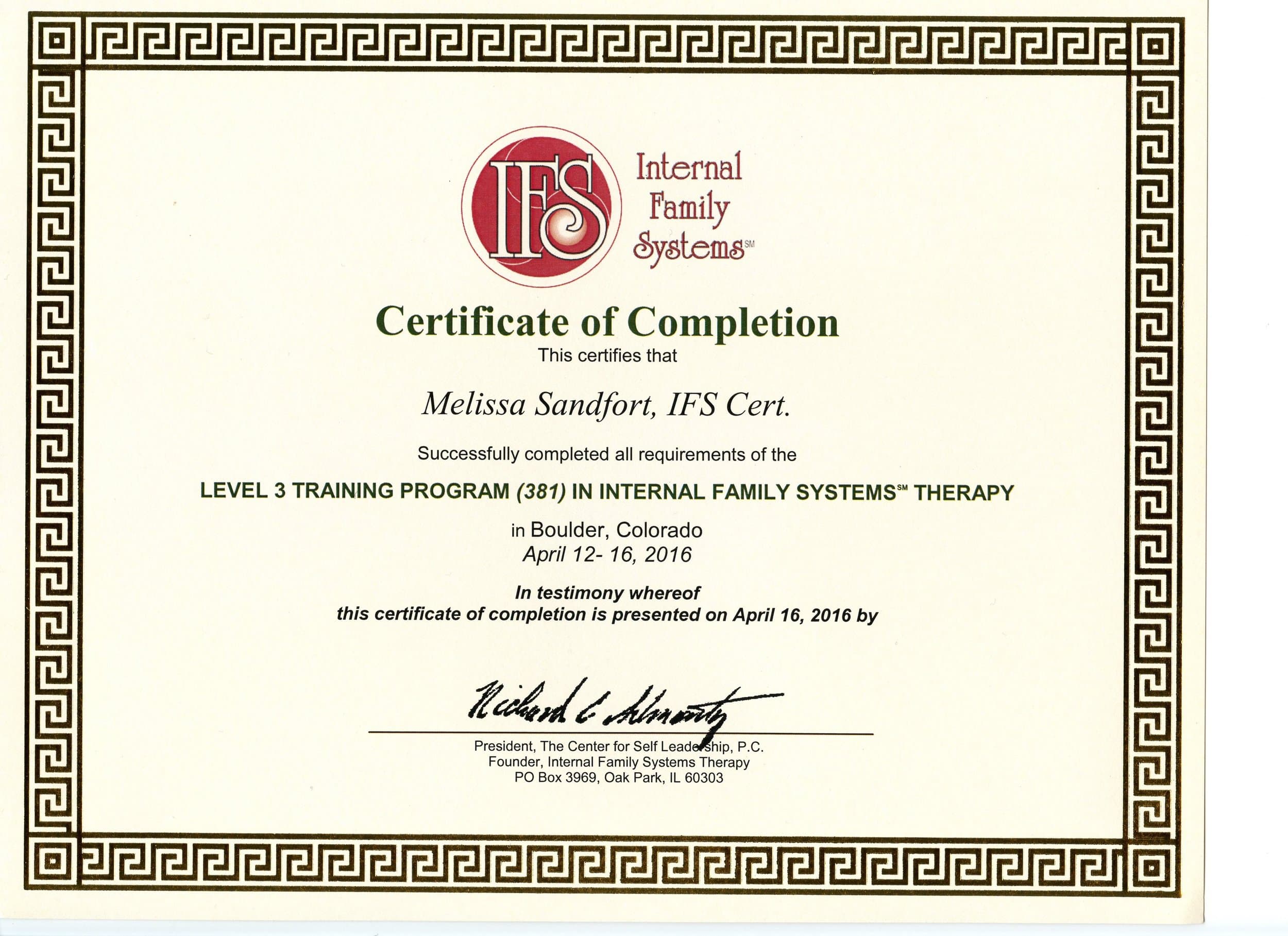 IFS Level 3 Certificate — Boulder, CO