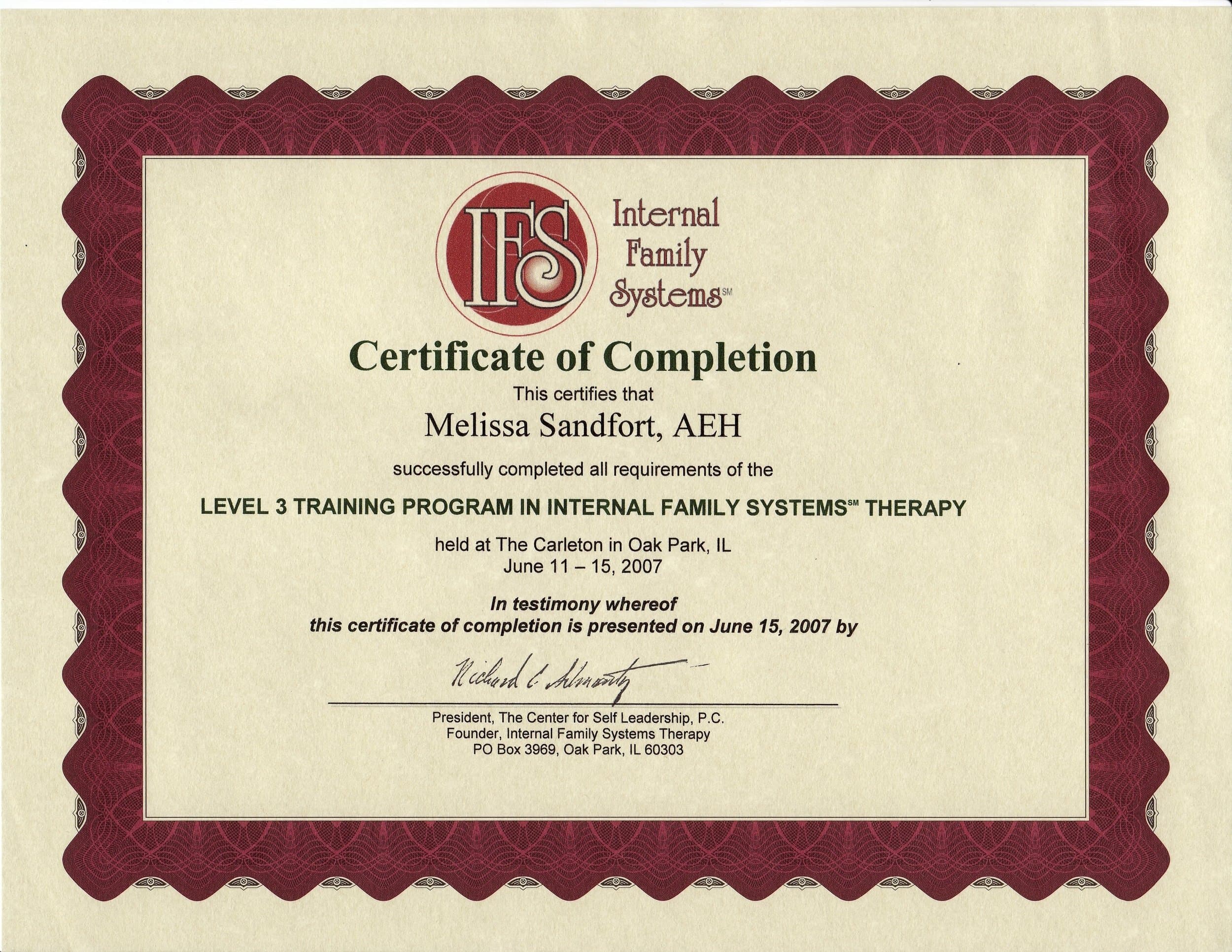 IFS Level 3 Certificate — Oak Park, IL