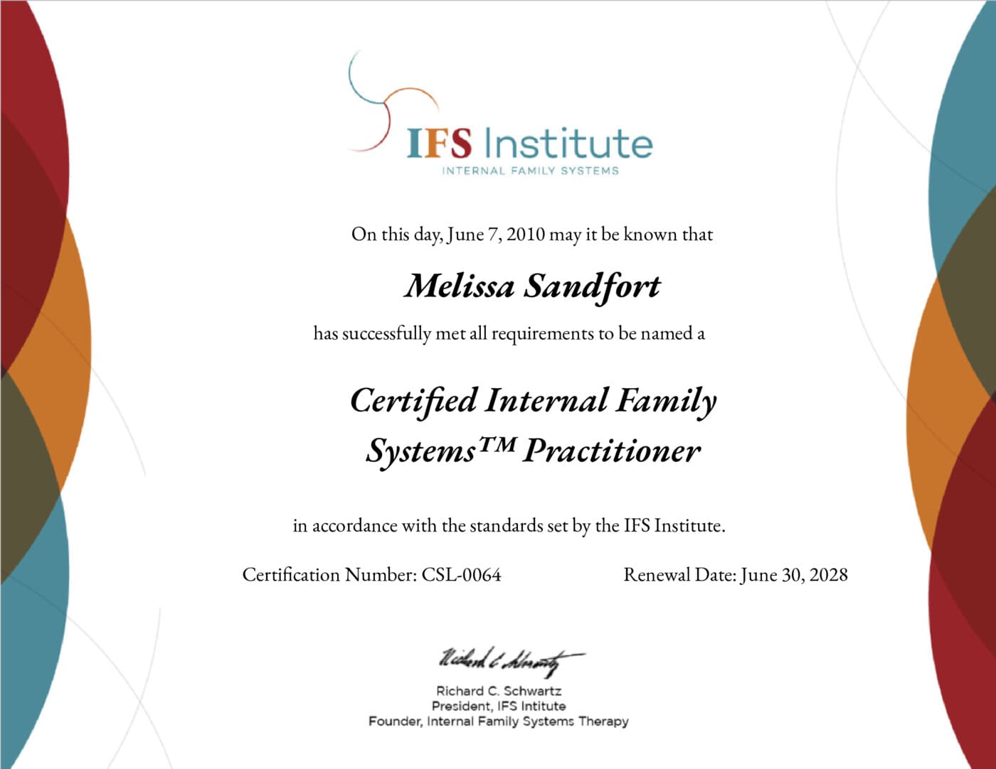 Melissa Sandfort — Certified Internal Family Systems Practitioner, IFS Institute (Certification No. CSL-0064)